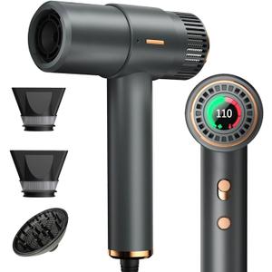 Hair Dryer, 110,000RPM High Speed Blow Dryer, 200 Millions Ionic Hairdryer with HD Display, 2000W Professional Hair Dryers with Diffuser and Nozzle, 4 Temps and 3 Speeds (Gray)