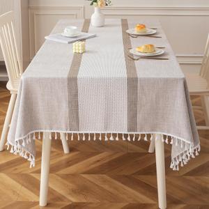 Deep Dream Table Cloth Rectangle Table, Rustic Waterproof Cotton Linen Tablecloths, Wrinkle Free Farmhouse Style TableCloths for Parties, Kitchen Dining, Holiday, 55" X 70", 4-6 Seats (Beige, Double Stripe)