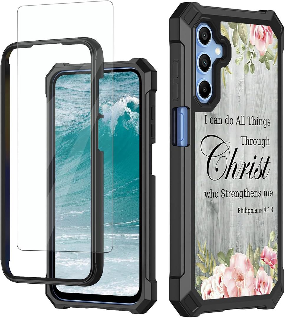 for Samsung Galaxy A16 5G Phone Case with Tempered Glass Screen Protector Dual Layer Soft TPU Hard PC Heavy Duty Shockproof Protective Cover Case for Samsung A16 5G, Bible Verse Philippians 4-13
