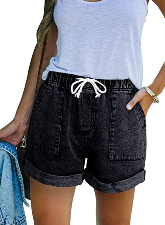 KINGFEN Women Casual Shorts Drawstring Comfy Elastic Waist Shorts Summer Pull On Short with Pockets(S-2XL) (D9-black)