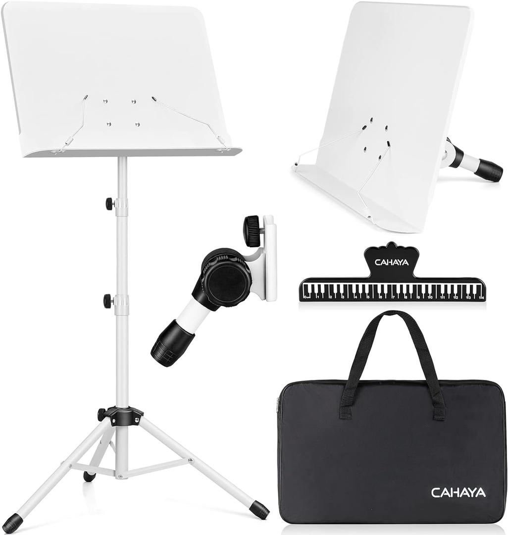 CAHAYA Sheet Music Stand & Tabletop Music Stand Solid Back with Carrying Bag for Books Notes Laptop Tablet White CY0194