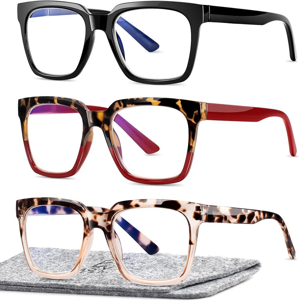 EASY READ 3 Pairs Reading Glasses for Women, Squre Computer Blue Light Blocking Anti UV Readers with Spring Hinge