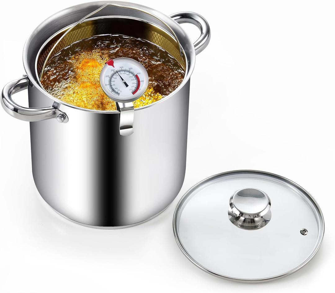 Cook N Home Deep Fryer Pot, 5-Quart Japanese Tempura Deep Frying Pot, 304 Stainless Steel with Temperature Control and Oil Drip Rack and Glass Lid, for Kitchen French Fries, Chicken etc