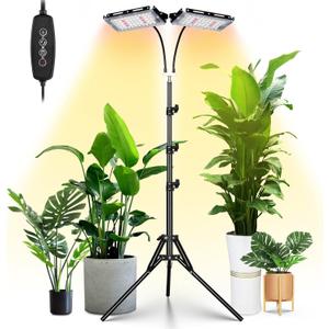LORDEM Grow Light with Stand, Full Spectrum LED Plant Light for Indoor Plants, 200W Dual Heads Grow Lamp with Auto On/Off Timer, 3 Lighting Modes, 6 Dimmable Levels, Adjustable Tripod 15-63 inches