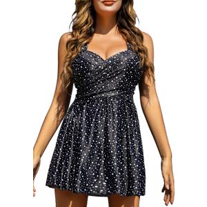 COCOPEAR Women's Elegant Crossover One Piece Swimdress Floral Skirted Swimsuit (Medium)