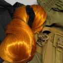 4 Pcs Halloween Cosplay Costume Party Wig Long Straight Orange Long Sleeve Crop Top Cargo Pants Waist Bag (Medium)