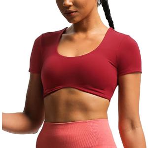 Aoxjox Short Sleeve Crop Tops for Women Define Sculpt Workout Cropped T Shirt Top (Rumba Red, X-Large)