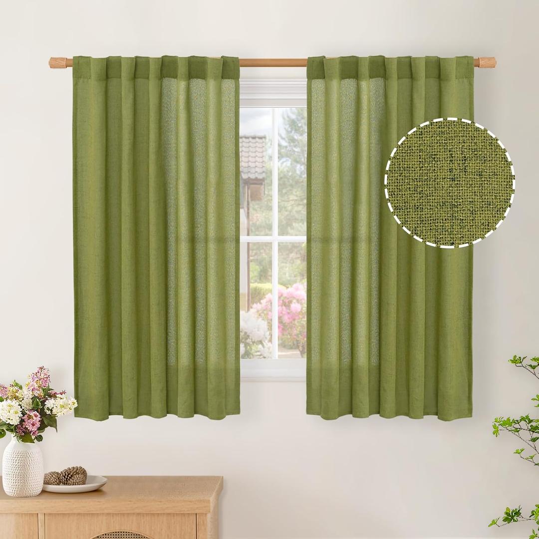 BGment Short Green Linen Curtains for Windows 40 Inch Length 2 Panels - Light Filtering Drapes Semi Sheer Country Privacy for Bedroom/Farmhouse/Laundry Decor Rod Pocket Back Tab, Each 42 Inch Wide