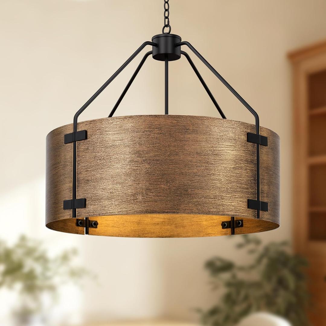 Farmhouse Drum Chandelier, 4-Light, 22in Brushed Bronze Pendant Light Fixture with Chain, Kitchen Island Pendant Over Table, Rustic Industrial Chandelier for Dining Room, Bedroom, Living Room