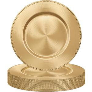 MAONAME Gold Charger Plates Set of 12, 13" Plastic Plate Chargers with Beaded Rim, Electroplated Charger for Dinner Plates, Round Chargers for Table Setting, Wedding Decor