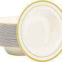 50 Pack Ivory Gold Plastic Bowls, 12oz Gold Rim Fancy Disposable Soup Bowl Heavy-Duty Serving Dessert/Salad Bowls for Party, Birthday