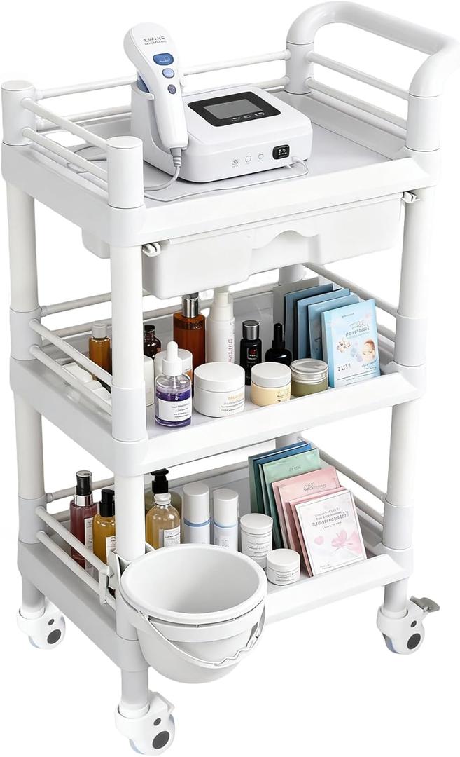 Mobile Medical Trolley 3 Tier Rolling Utility Cart with Dirt Bucket & Drawer, Beauty Salon Cart for Spa Tattoo Waxing, Esthetician Carts for Salon Hospital Dental Clinic Home, Postpartum Cart