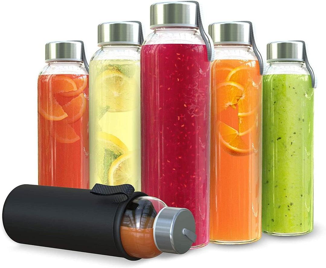 Chef's Star 18 Oz Glass Water Bottles, Glass Drinking Bottle with Protection Sleeve, Juice Bottles with Stainless Steel Leak Proof Lids, Pack of 6