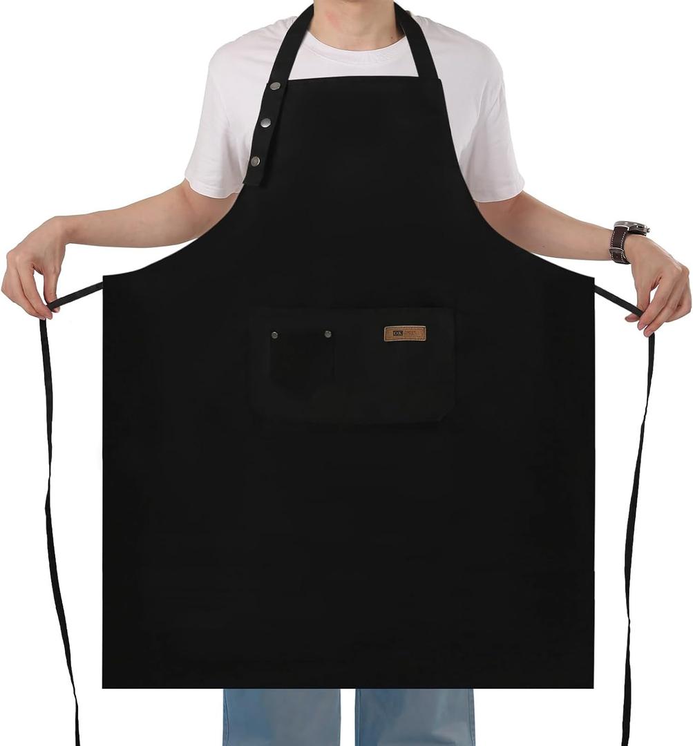 Yuubin Extra Large Aprons for Men Adjustable Button Apron with Pockets Chef Cooking Kitchen Aprons Women,Water&Oil Resistant (Black)