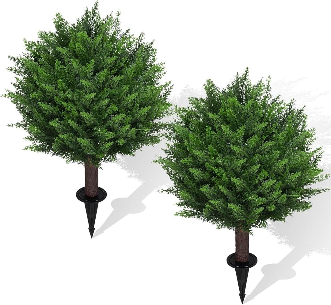 Sykart Artificial Cedar Topiary Ball Trees, 2 Pack Artificial Shrubs Bushes with Ground Spike, UV Resistant Fake Plants for Christmas Porch Decor
