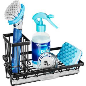 Consumest Sponge Holder for Kitchen Sink - Kitchen Sink Caddy Organizer with Removable Drip Tray for Countertop Dish Soap Dispenser Brush Storage Accessories 304 Stainless Steel - Black