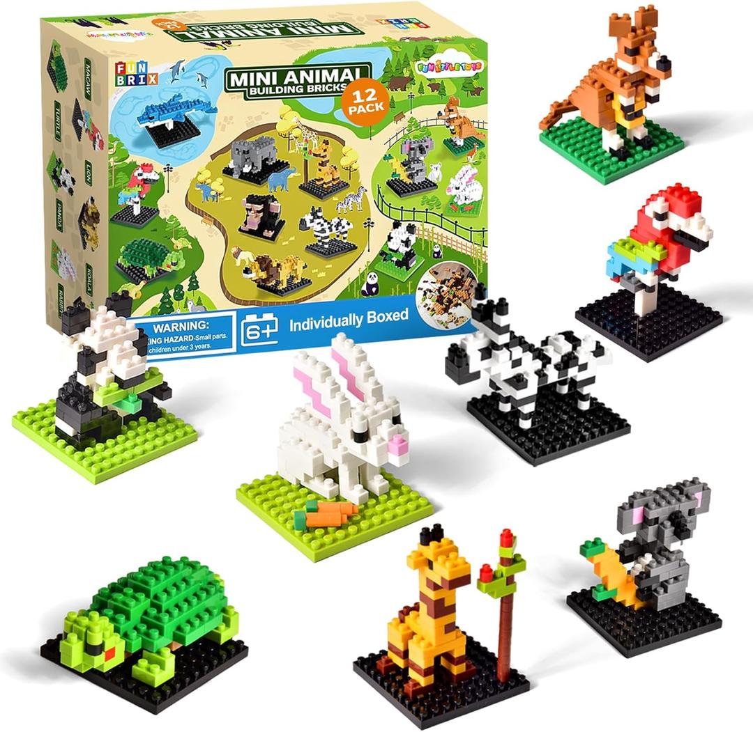 FUN LITTLE TOYS Mini Animal Building Blocks 12 Pack, No Duplicates, Individually Boxed Zoo Sets for Kids 6-12, Party Favors, Classroom Prizes, Goodie Bag Stuffers & Easter Egg Fillers