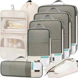 Bagail 4 Set/6 Set/8 Set Compression Packing Cubes Travel Accessories Expandable Packing Organizers (Half Mesh, 8-Beige)