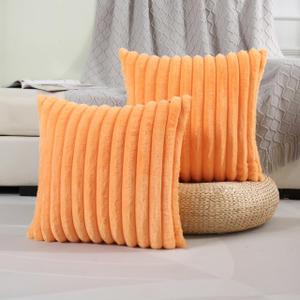 FUTEI Orange Striped Decorative Throw Pillow Covers 18x18 Inch Set of 2,Square Spring Decorations Couch Pillow Case,Soft Cozy Faux Rabbit Fur & Velvet Back,Modern Home Decor for Bed