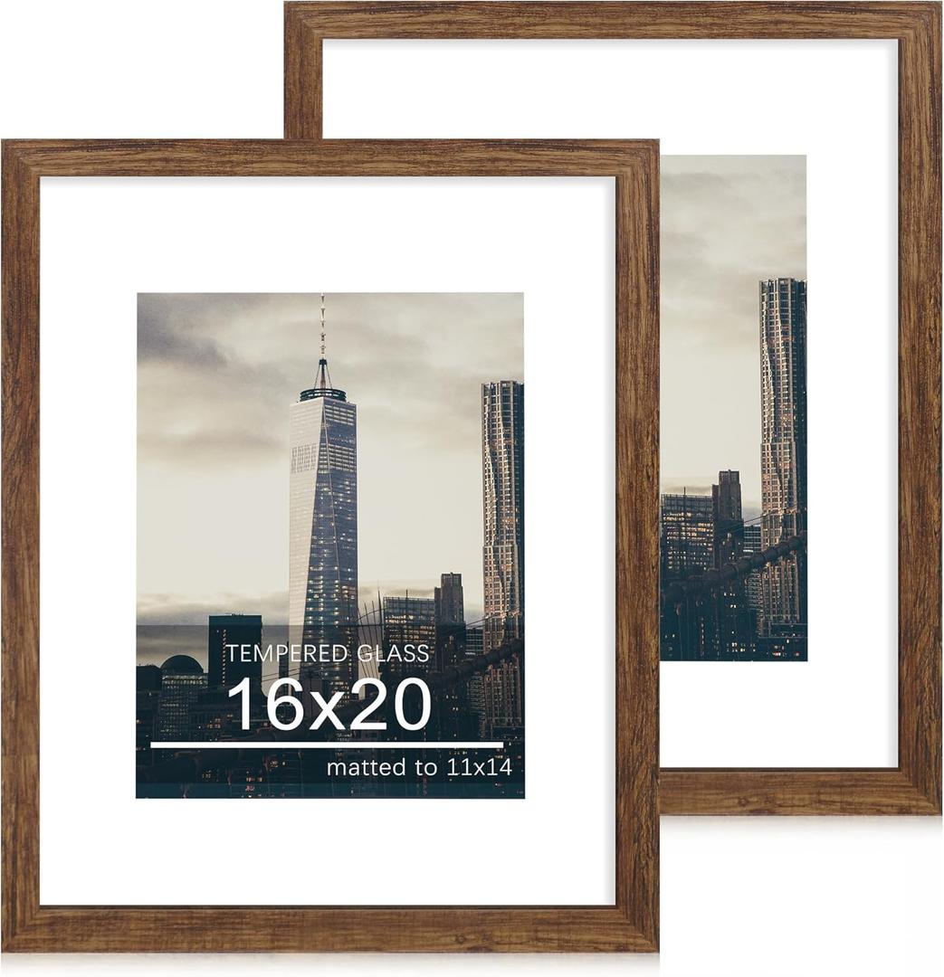 16x20 Poster Frame Set of 2, 16 x 20 Wood Picture Frames with Mat for 11x14, Wooden Photo Frame with Tempered Glass Cover for Wall Mounting Display, Rustic Brown
