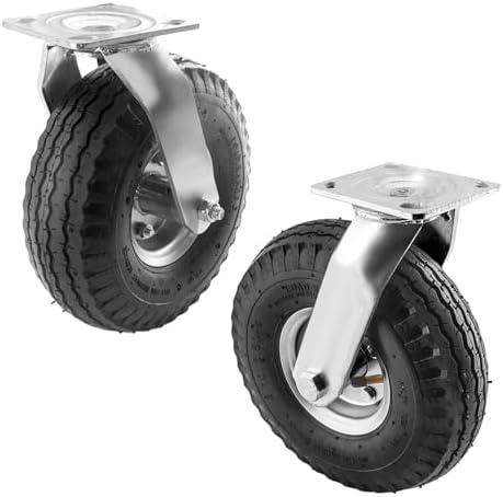 (2 Pack) RRQ 10 Inch Caster Wheels, Pneumatic Swivel Caster Wheels with Zinc Top Plate 360 Degree Rotation for Cart, Dolly, Trolley, Workbench and Wagon, Black Rubber Wheels, 600 Lbs Total Capacity