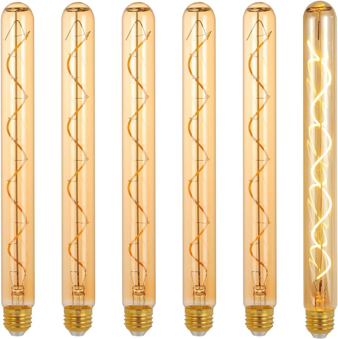 E26 T10 12 Inch Long Tubular LED Edison Bulbs, 6W(60W Eqv) 120V, 2500K Warm White, Dimmable, Spiral Filament, Amber Glass, One Ft Long Lighting Tube, Vintage Decorative Bulbs, 6 Pack