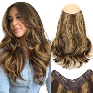 ALXNAN Long Wavy Hair Extensions for Women, Clip in Hair Extensions Clip Ins Soft Full Head Synthetic Hairpieces 16 Inch Balayage Chocolate Brown to Caramel Blonde