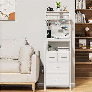 YGYQZ 53'' Tall Nightstand with Charging Station, Bedside Table with LED Lights, End Table with 4 Drawers and Storage Shelves, Night Stand with Pegboard for Bedroom, White