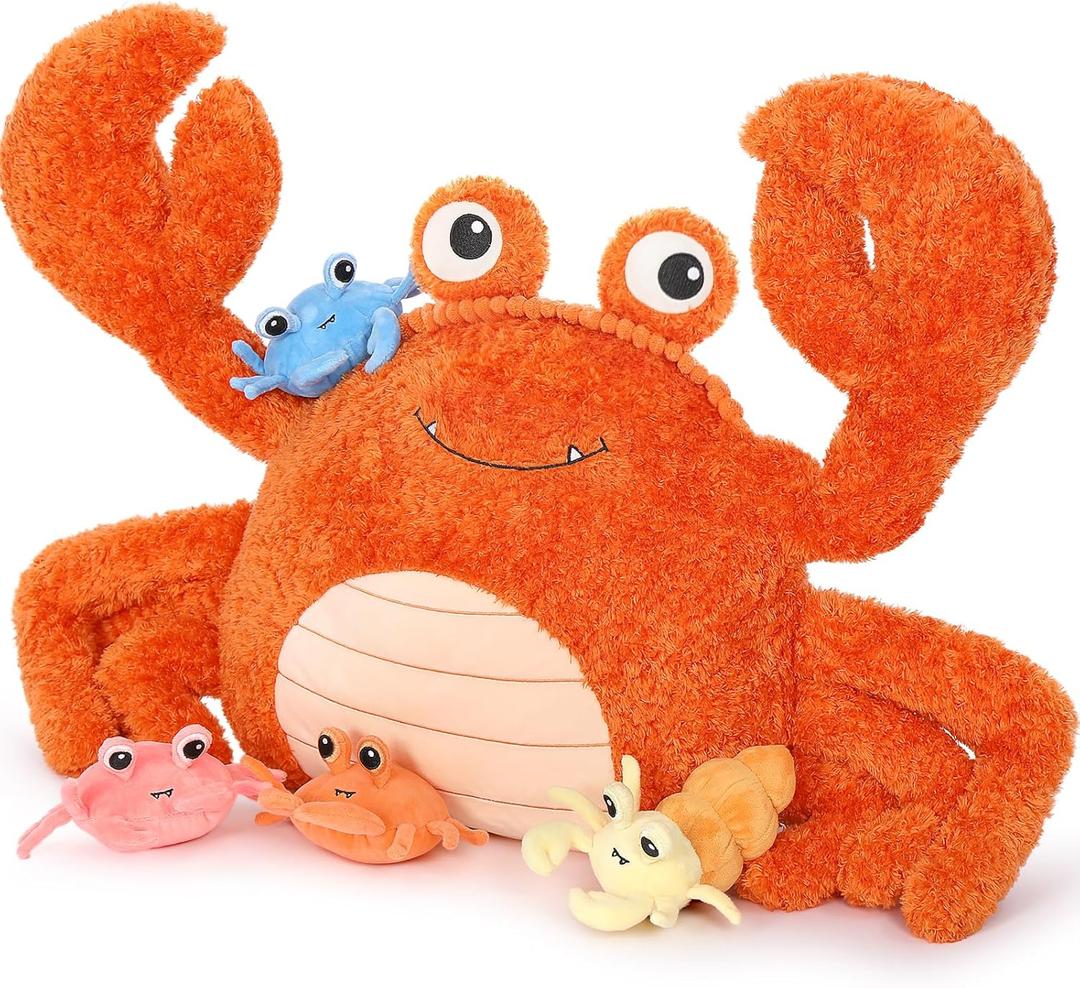 MorisMos 5 Pcs Crab Plush Stuffed Animal, 32inch Large Mommy Crab with 4 Babies, Crabs Stuffed Plushies Gift for Girls Boys Kids