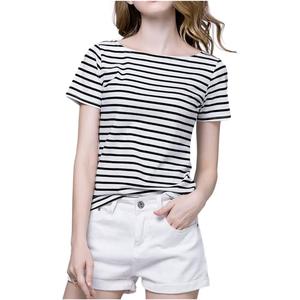 SOUGAO Women's Short Sleeve T-Shirt Striped Tops Casual Summer Boat Neck Tee Black Size M