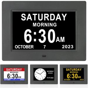 Dementia Clock for Seniors Digital Clock Large Display with Day & Date-12Alarms 3 Colors Display for Elderly with Memory Loss, Alzheimer's, Vision Impaired (7'' Black)