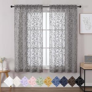 Sheer Charcoal Grey Curtains for Bedroom Living Room 63 Inch Length 2 Panels Set, Soft Airy Light Filtering Geometric Jacquard Clip Curtains Drapes, Modern Rod Pocket, 2Pcs 42" Wx63 L Inch