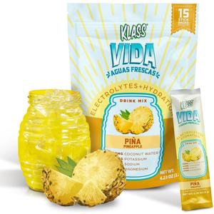 KLASS VIDA Daily Hydration Pineapple Agua Fresca Electrolyte Powder Packets | Sugar Free Electrolyte Drink Mix | Hydration Packets with Coconut Water & Minerals | 15 Stick Packs (EXP 04/07/27)