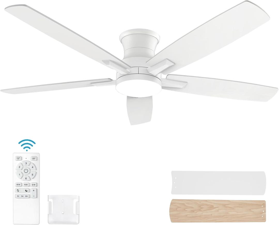 YUHAO 52 Inch Flush Mount White Ceiling Fan with Light and Remote Control.Noiseless,Dimmable,3CCT,6 Speeds Reversible, Low Profile DC Ceiling Fans for Indoor or Covered Outdoor Use,ETL Listed