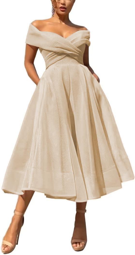 Womens Tea Length Prom Dress with Pockets Wedding Guest Dress Off The Shoulder Formal Evening Party Gown (Champagne) 8