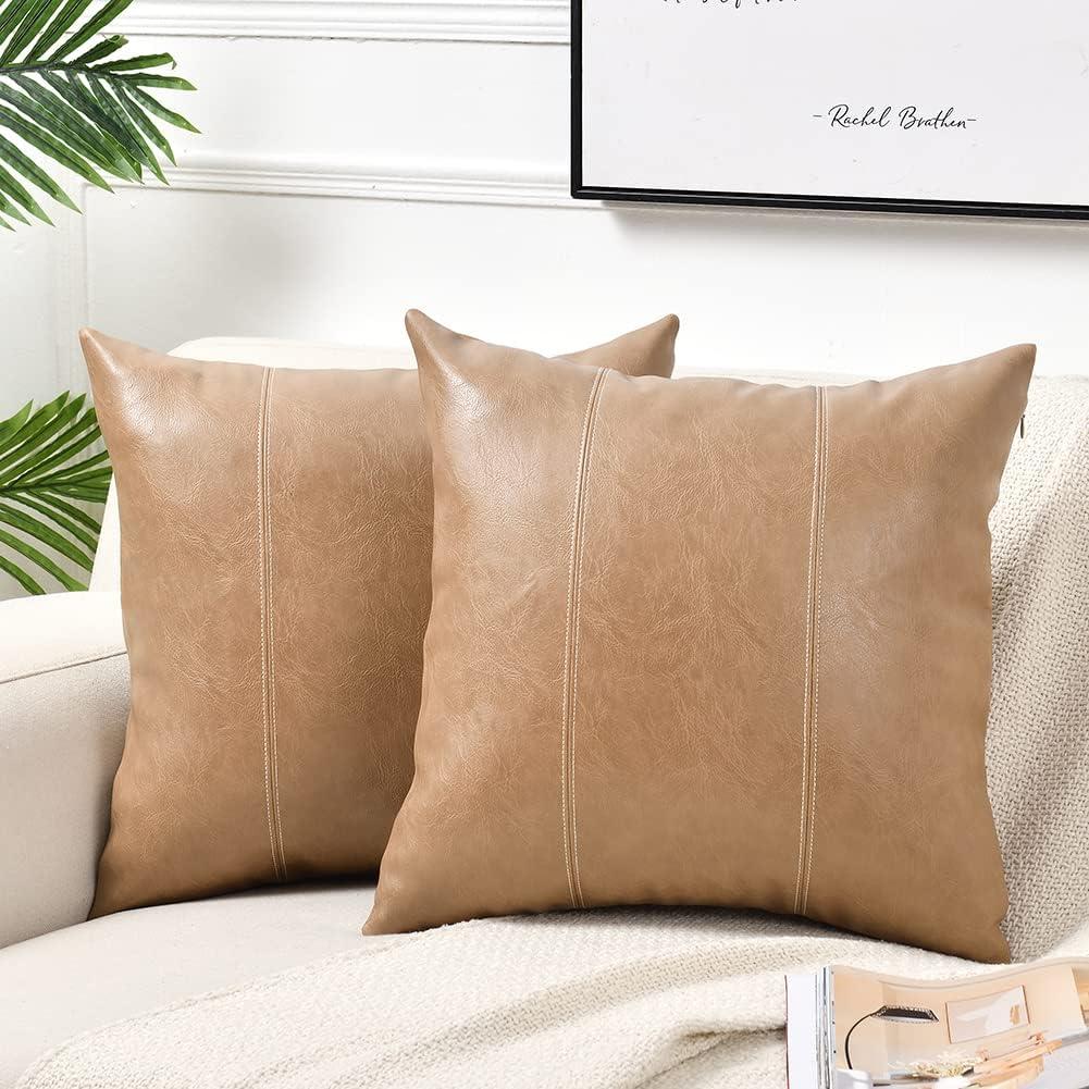 Fancy Homi 2 Packs Tan Decorative Throw Pillow Covers 18x18 Inch for Outdoor Couch Bed, Waterproof Faux Leather Hand Stitched Beige Square Cushion Case 45x45 cm, Modern Farmhouse Boho Home Decor