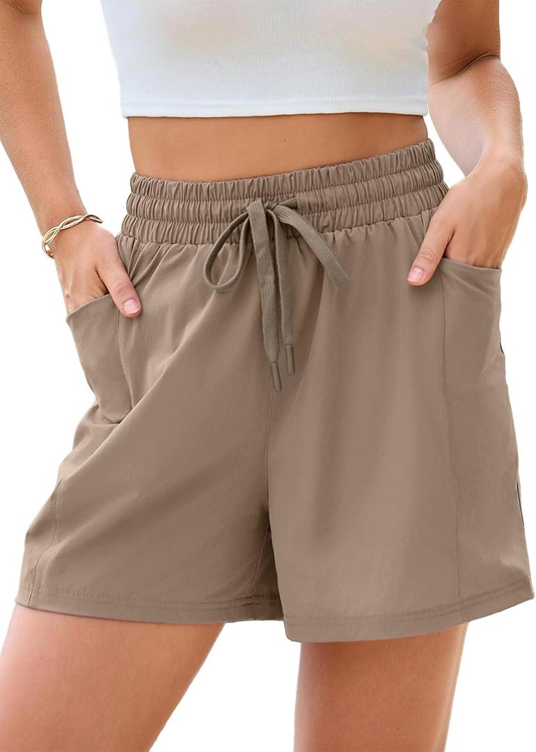 Dokotoo Women's Athletic Shorts High Waisted Running Shorts Quick Dry Daily Casual Comfy Drawstring Shorts Pocket Camel Small