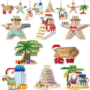Qunclay 24 Pcs Santa Beach Christmas Ornaments - Starfish Tree Decorations, Wooden Hanging Holiday Decor for Xmas Party, Wall, Home - 8 Styles