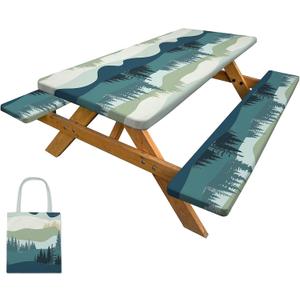 Picnic Table Cover with Bench Covers Camping Tablecloth with Storage Bag Windproof Waterproof Picnic Table Covers with Elastic for Camping (72x30in, Color May Vary)