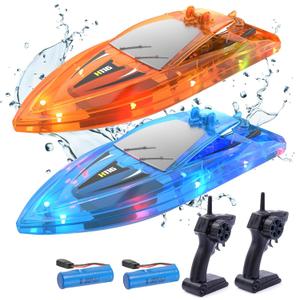 YEETFTC 2Pack LED Light RC Boat Remote Control Pool Water Toys for Kids Ages 8-12 Adults Lakes Bathtub Toy with Whole Body Waterproof,Low Battery Alarm, 2.4 Ghz, Control Range 50M, Rechargeable Battery (Multi-Color)