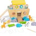 Toddlers Wooden Noah's Ark Toy Animal Playset, Shape Sorter Early Learning Montessori Toys, Baptism Gifts for 3 Boys Girls Kids