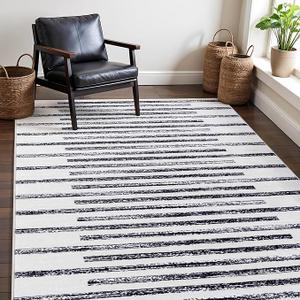 Carvapet 4x6 Black and White Rugs for Living Room Bedroom Dorm, Washable Low Pile Striped Carpet with Rubber Backing, Foldable, Non Slip Thin Area Rug
