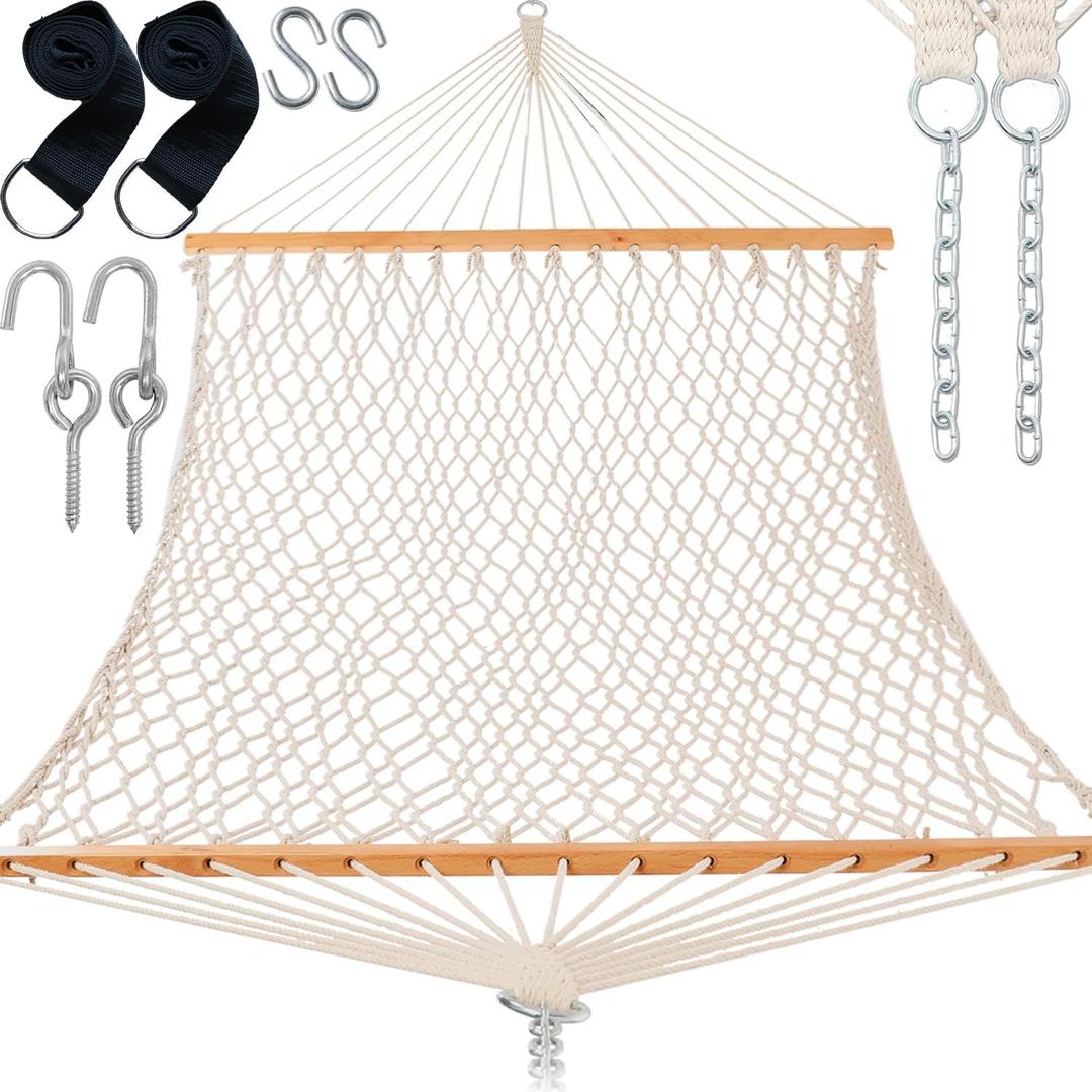 Gafete 13FT Hammocks 59" Width with Tree Straps, Traditional Hand-Woven Double Rope Hammock with Free Chains and Hooks, Hardwood Spreader Bar for 2 Person, Outdoor, Patio, Indoor, Max 450Lbs (Natural)