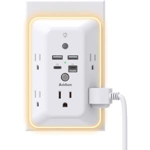 Surge Protector, Outlet Extender with Night Light, Addtam 5-Outlet Splitter and 4 USB Ports(PD 20W), Multi Plug Wall Outlet Power Strip for Home Office Dorm Room Essentials