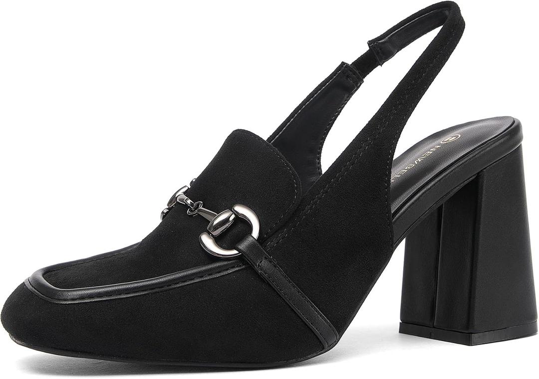 NEWBELLA Women's Square Toe Slingback Pumps - Block Heel Closed Toe Dress Shoes for Party & Office Commuting, Black 7