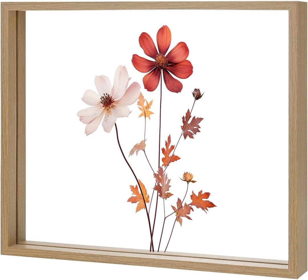 Wooden Pressed Flower Frame, 10 x 12 Inch Double Acrylic Floating Picture Frame for Dried Flowers/Tabletop/DIY/Handicrafts [Wood Color]