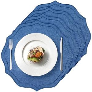 Set of 4 Cotton Linen Placemats, 15x15 Round Scalloped Cloth Table Mats, Embroidery Machine Washable, Wrinkle Resistance Fabric Place Mats for Wedding Summer Baby Shower Party Table Decor-Navy Blue