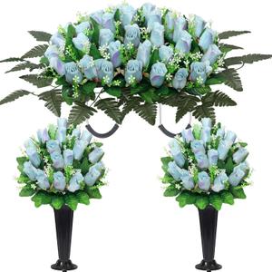 Wocst Cemetery Flowers for Grave,Headstone Flower Saddle with 2 Sets Grave Rose Flowers Bouquets with Vases for Cemetery Grave Decorations UV Resistant Non-Fading Easy Fit (Blue)