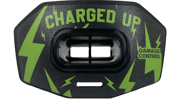 DAMAGE CONTROL Youth Football Mouth Guard  Breathable No Boil Mouthpiece, Protects Lips & Teeth, Works with Braces, Includes Helmet Strap  Sports Gear & Accessories (Charged Up)