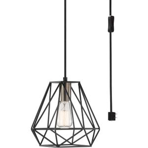 GLOBE Electric 60846 1-Light Plug-in or Hardwire Pendant Lighting, Dark Bronze, Antique Brass Accent Socket, Cage Shade, 15-Foot Black Fabric Cord, in-Line On/Off Switch, Bulb Not Included